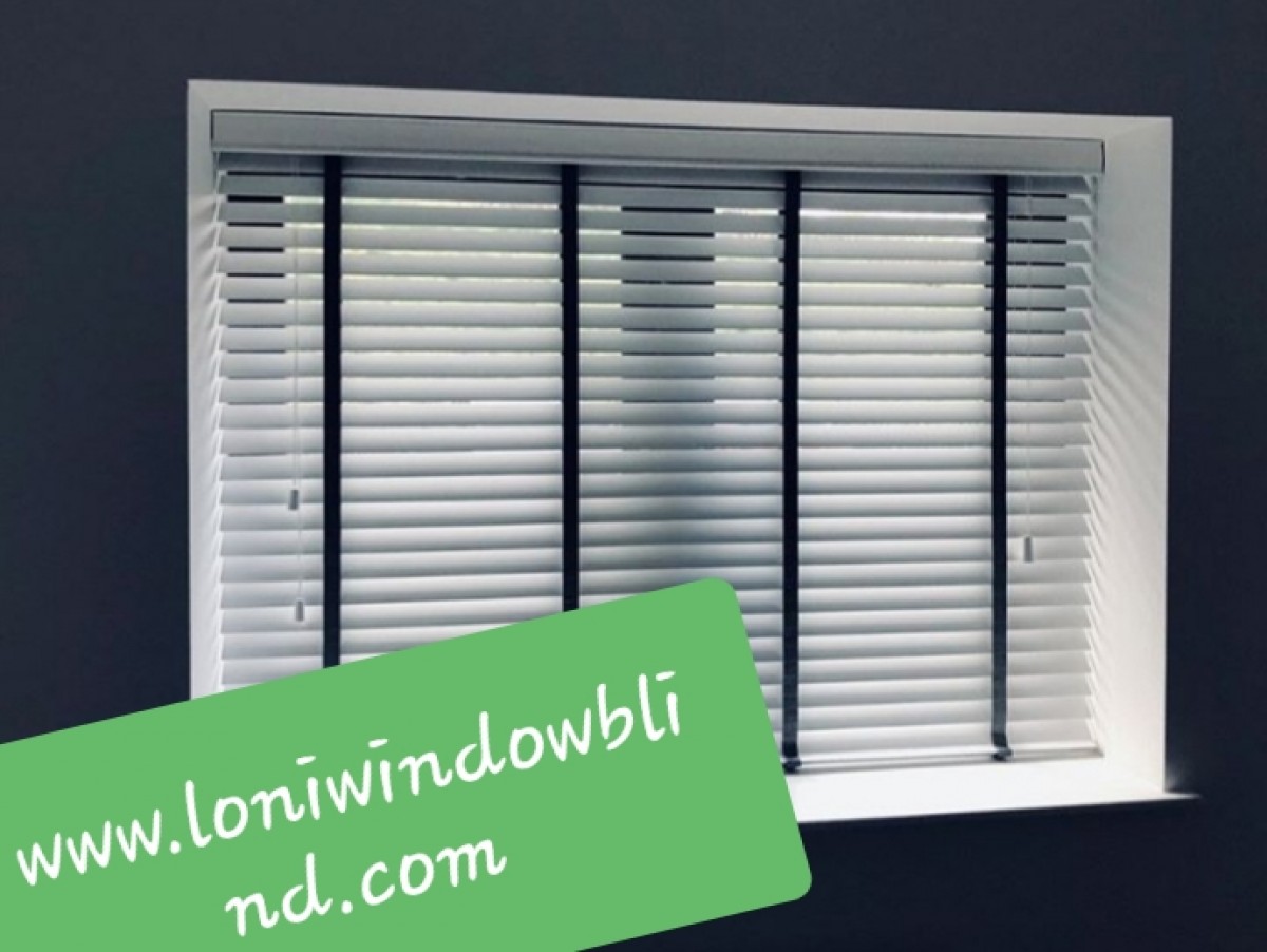 White Wooden Blinds With Black Tape
